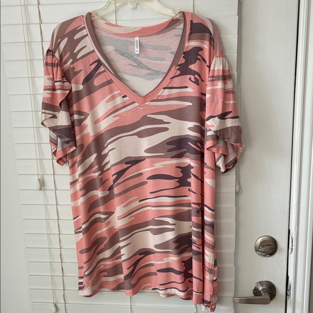 CATHY Tee Shirt Top Camouflage Short Sleeve Pink Brown Plus SZ 3XL